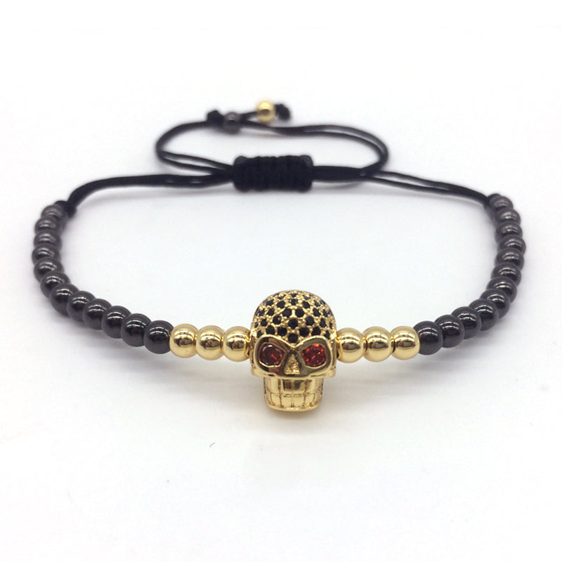 New Style Pave Black CZ Beads Skull Series Round Beads Men Braided Macrame Charm Bracelets Jewelry