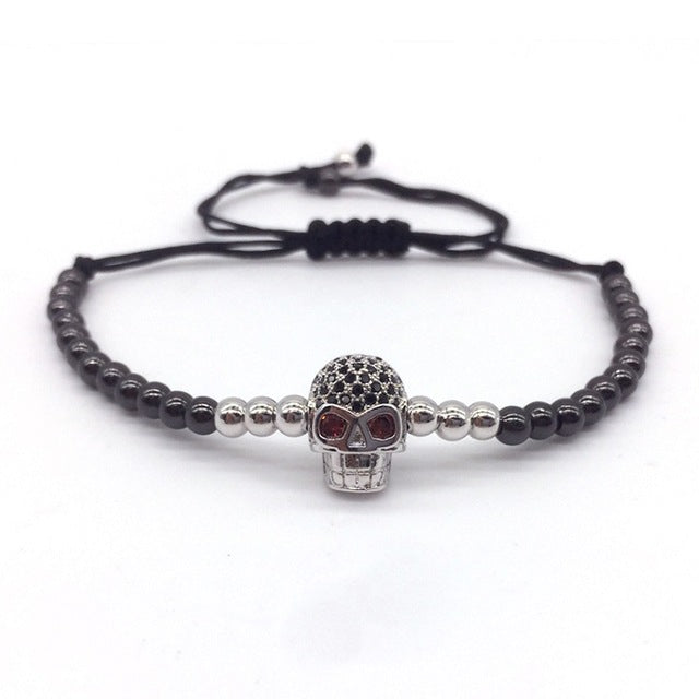 New Style Pave Black CZ Beads Skull Series Round Beads Men Braided Macrame Charm Bracelets Jewelry