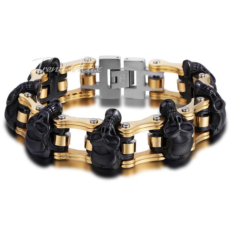 Men's Bracelet 316L Stainless Steel Biker Wristband Skulls Motorcycle Link Chain Punk Jewelry