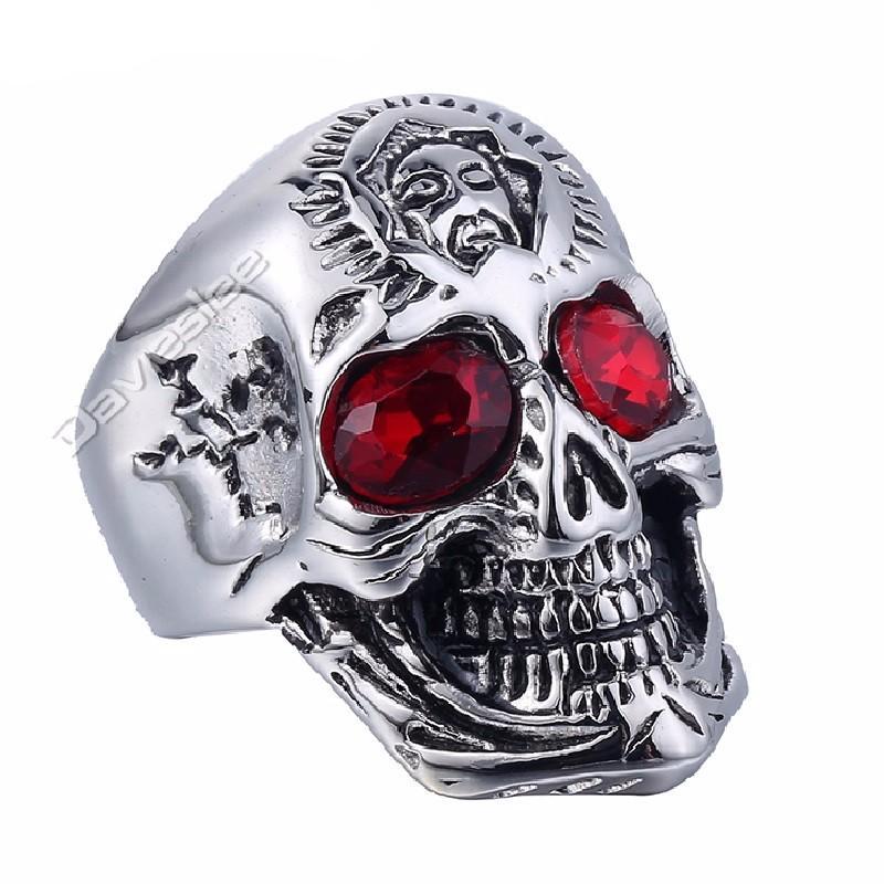 Stainless Steel Big Skull Ring w/ Red Rhinestones US Size 8-13 Wholesale Gift Jewelry