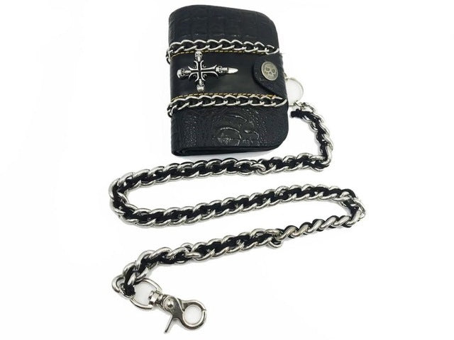 Wallet Punk  Skull Head Rivets Short Purse Male Criss Cross Clutch Wallets With Weave Chain