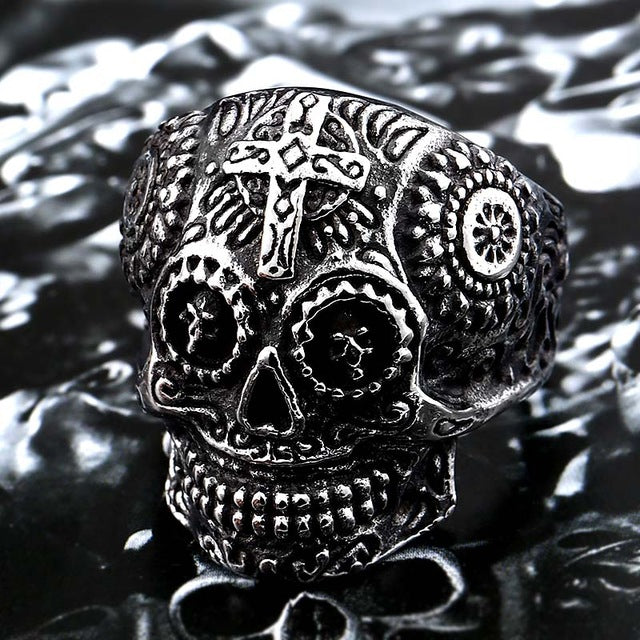 Stainless Steel men's Gothic gold Carving kapala Skull Ring Biker Hiphop rock Jewelry