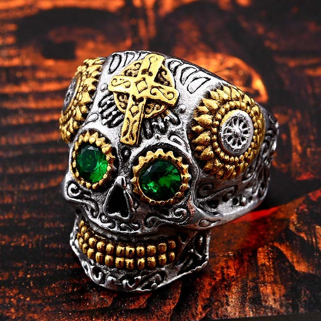 Stainless Steel men's Gothic gold Carving kapala Skull Ring Biker Hiphop rock Jewelry