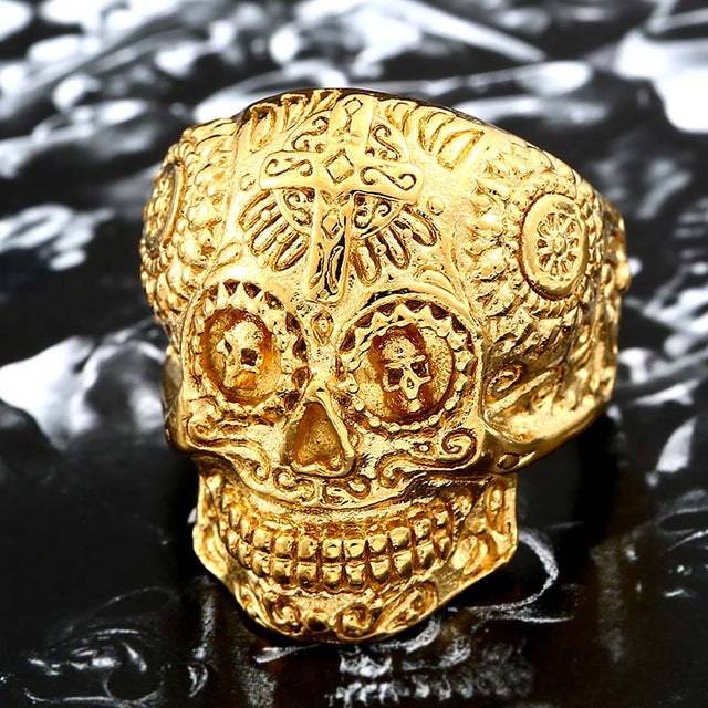 Stainless Steel men's Gothic gold Carving kapala Skull Ring Biker Hiphop rock Jewelry