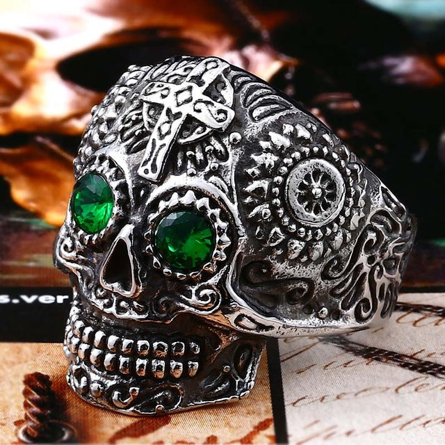 Stainless Steel men's Gothic gold Carving kapala Skull Ring Biker Hiphop rock Jewelry