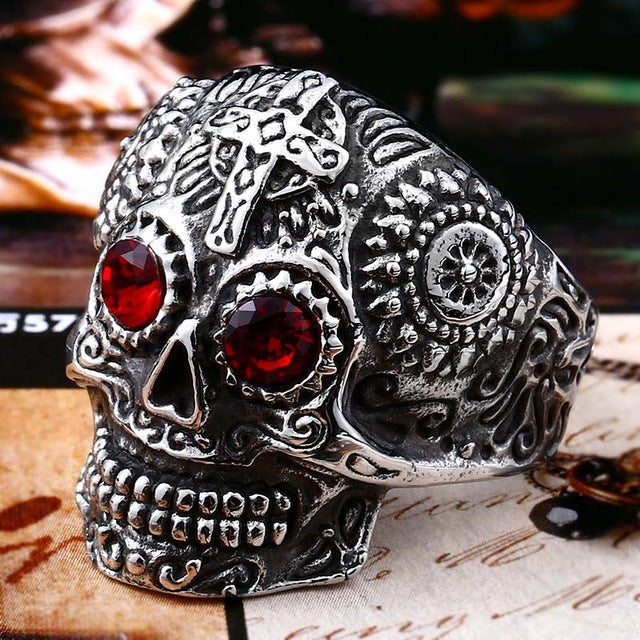 Stainless Steel men's Gothic gold Carving kapala Skull Ring Biker Hiphop rock Jewelry