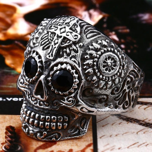 Stainless Steel men's Gothic gold Carving kapala Skull Ring Biker Hiphop rock Jewelry