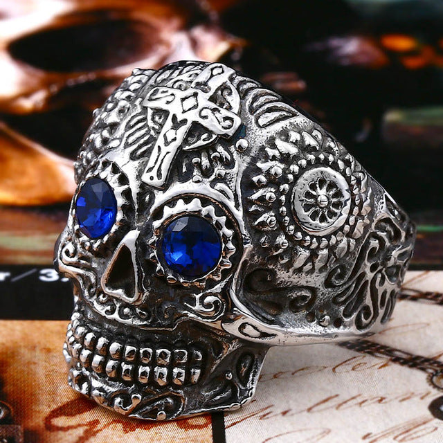 Stainless Steel men's Gothic gold Carving kapala Skull Ring Biker Hiphop rock Jewelry