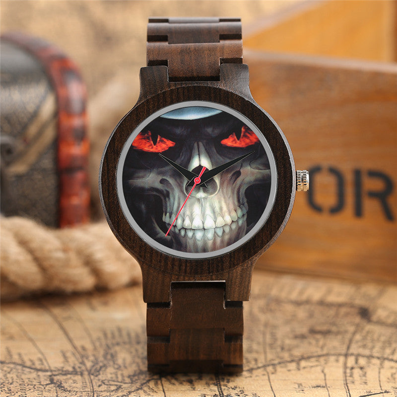 Novel Punk Skull Face Quartz Wood Watch Men