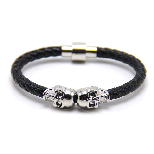 Lastest 10 colors High Quality Magnetic Clasp Fashion Punk Genuine Leather Man Skull Bracelet