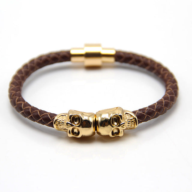 Lastest 10 colors High Quality Magnetic Clasp Fashion Punk Genuine Leather Man Skull Bracelet