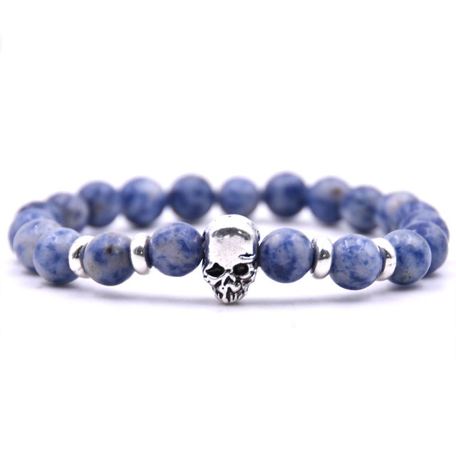 Beaded Black Natural Stone beads Skull Elastic Bracelets for Men and Women Tiger Eye Bracelets