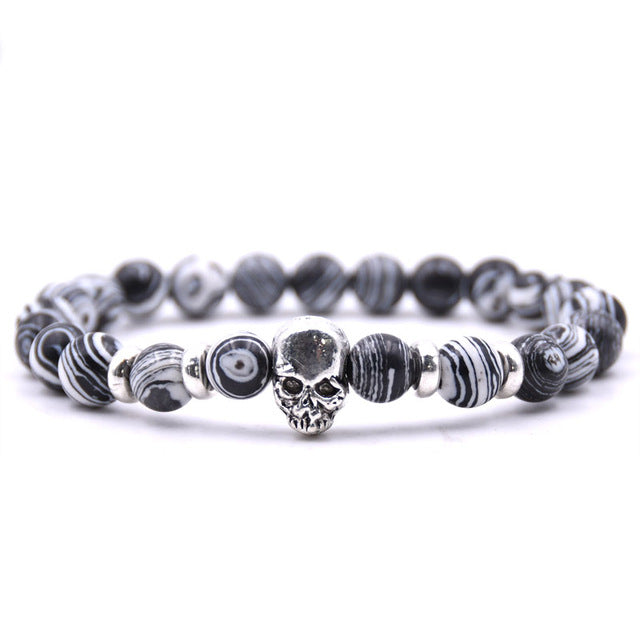 Beaded Black Natural Stone beads Skull Elastic Bracelets for Men and Women Tiger Eye Bracelets
