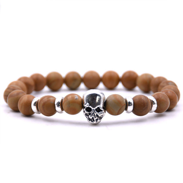 Beaded Black Natural Stone beads Skull Elastic Bracelets for Men and Women Tiger Eye Bracelets