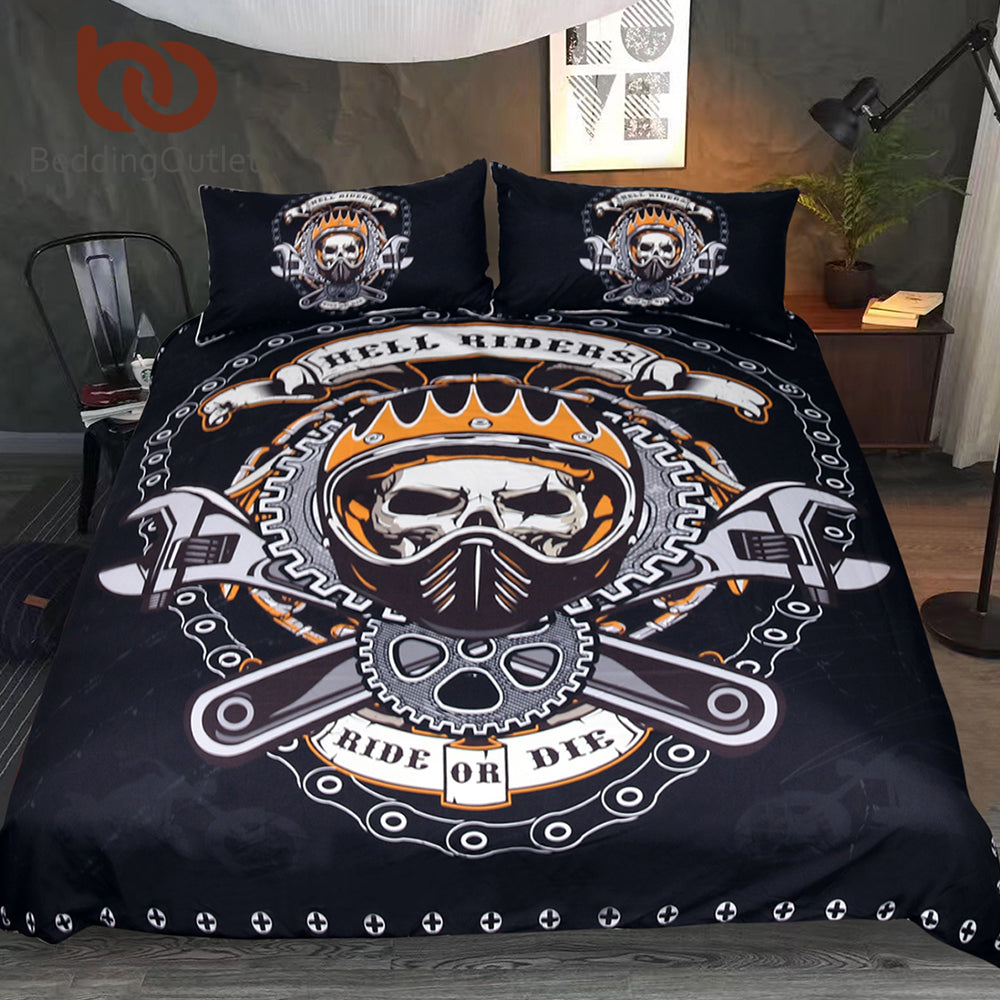 Mechanical Skull Bedding Set Gears Printed Boys Duvet Cover Set Black