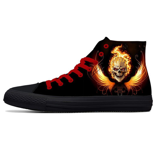 Spring Fire Skull Printed Shoes Black Mens High Top Classic Canvas Shoes 3D Colorful