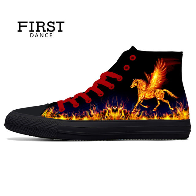 Spring Fire Skull Printed Shoes Black Mens High Top Classic Canvas Shoes 3D Colorful