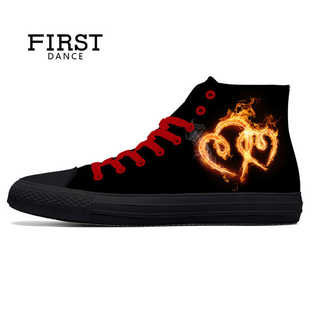 Spring Fire Skull Printed Shoes Black Mens High Top Classic Canvas Shoes 3D Colorful
