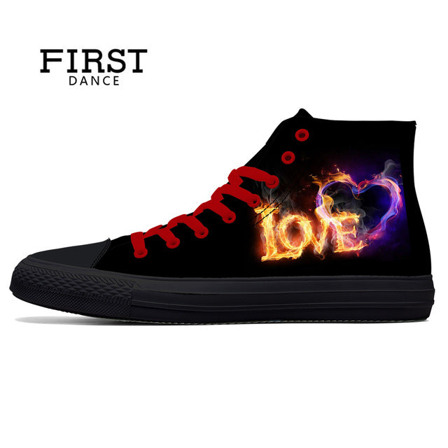 Spring Fire Skull Printed Shoes Black Mens High Top Classic Canvas Shoes 3D Colorful