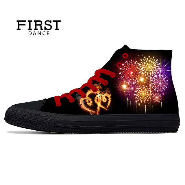 Spring Fire Skull Printed Shoes Black Mens High Top Classic Canvas Shoes 3D Colorful