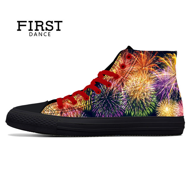Spring Fire Skull Printed Shoes Black Mens High Top Classic Canvas Shoes 3D Colorful