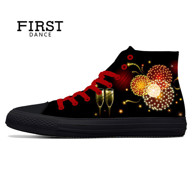Spring Fire Skull Printed Shoes Black Mens High Top Classic Canvas Shoes 3D Colorful