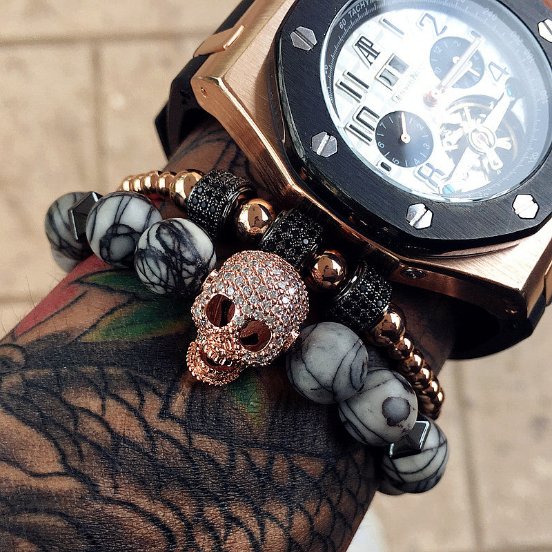 Bracelets for men Nature stone with skull Copper inlaid zircon Jewelry