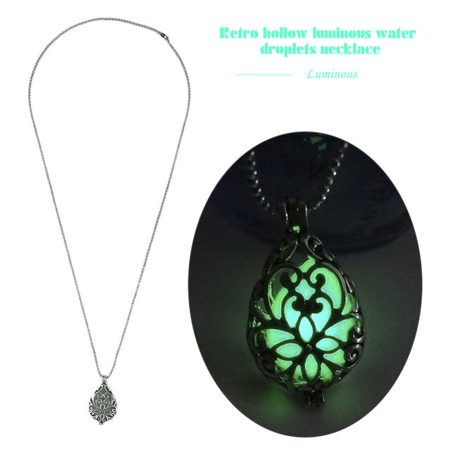 Retro Hollow Out Water Drop Pendant Necklace Noctilucent Glow Bright In Dark Copper