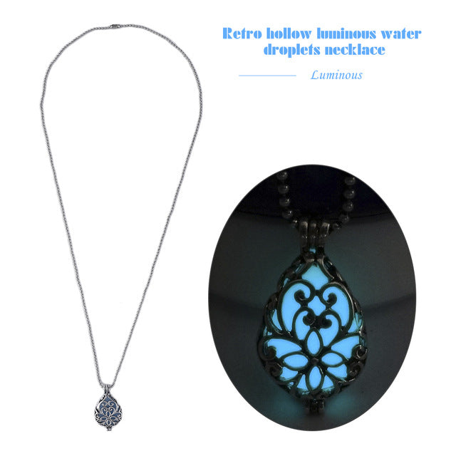 Retro Hollow Out Water Drop Pendant Necklace Noctilucent Glow Bright In Dark Copper