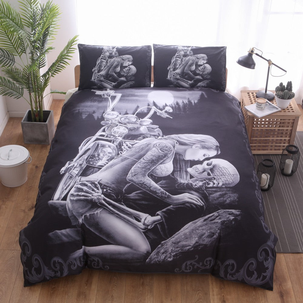 3D Black Motorcycle Skull Printed Duvet Cover Set 2/3pcs Single  Queen King