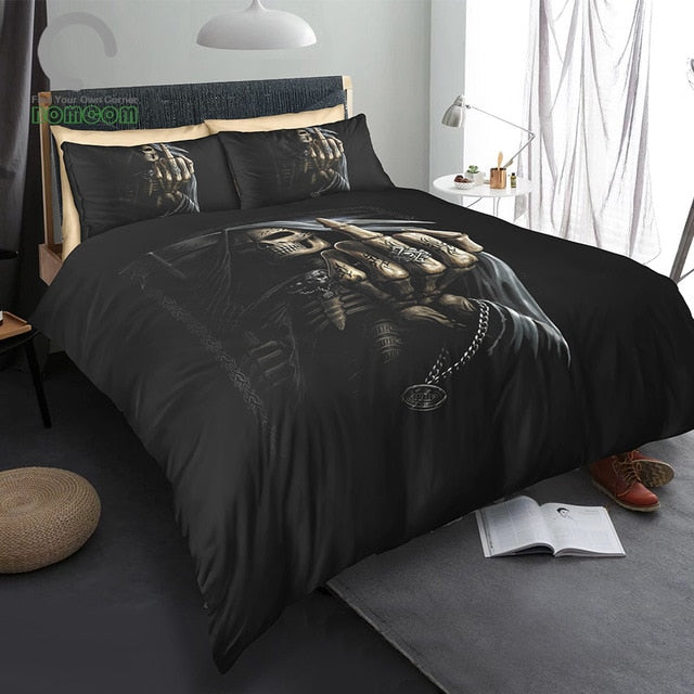 3D Digital Printing Magic Skull Bedding Set Finger up Grim Reaper Duvet Cover S 100% Microfiber Black