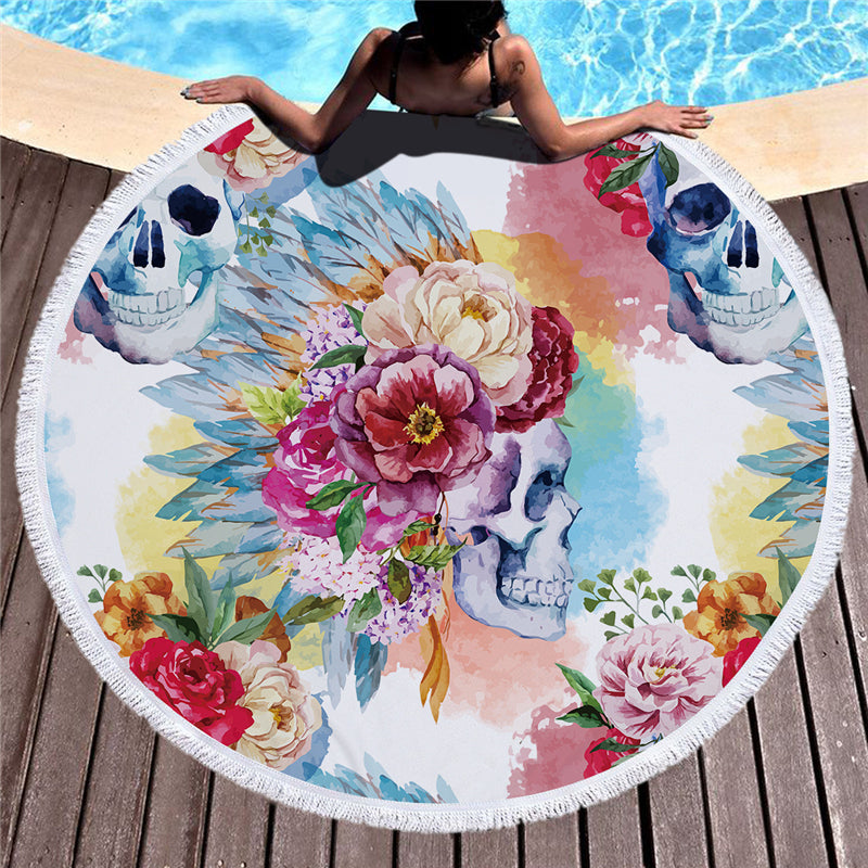 Sugar Skull Printed Beach Towel for Adults Mat Tassel Blanket Large Round