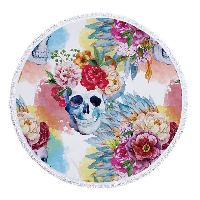 Sugar Skull Printed Beach Towel for Adults Mat Tassel Blanket Large Round