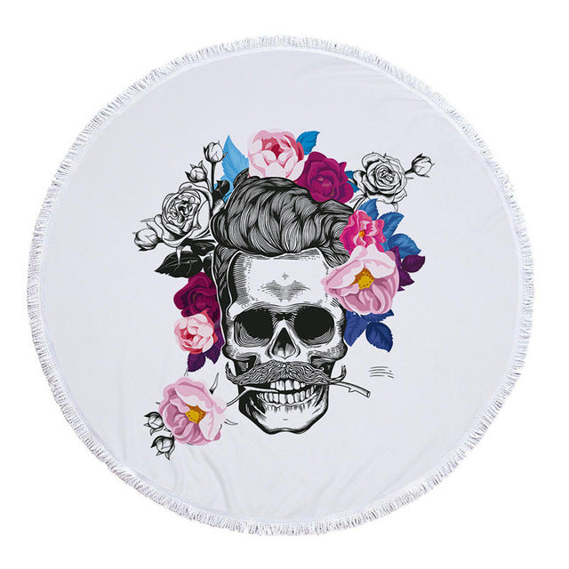 Sugar Skull Printed Beach Towel for Adults Mat Tassel Blanket Large Round