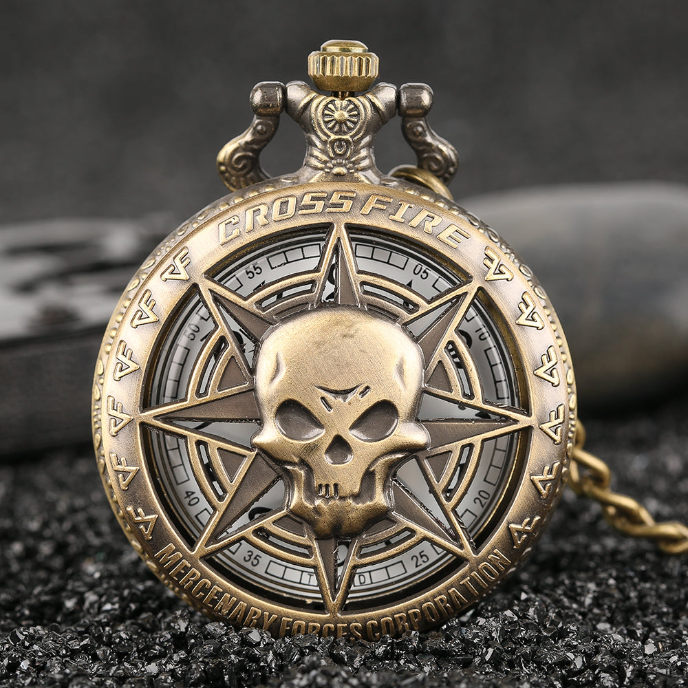 Vintage Bronze Steampunk Skull Head Horror Quartz Pocket Watch with Chain for Girls and Women