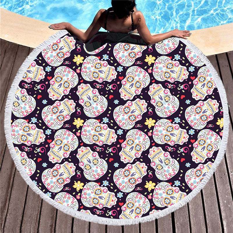 Large Round Beach Towel for Adults Sugar Skull Printed Soft Microfiber Bath Towel
