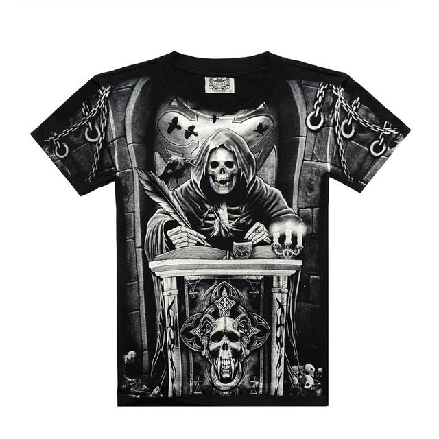 Death skeleton figures rock t-shirts with Dragon/Wolf/skull/angel short sleeves cotton