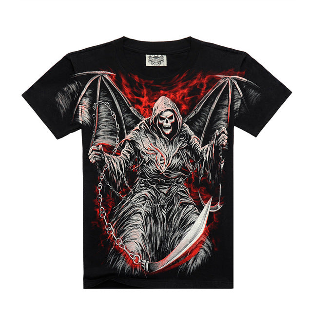 Death skeleton figures rock t-shirts with Dragon/Wolf/skull/angel short sleeves cotton