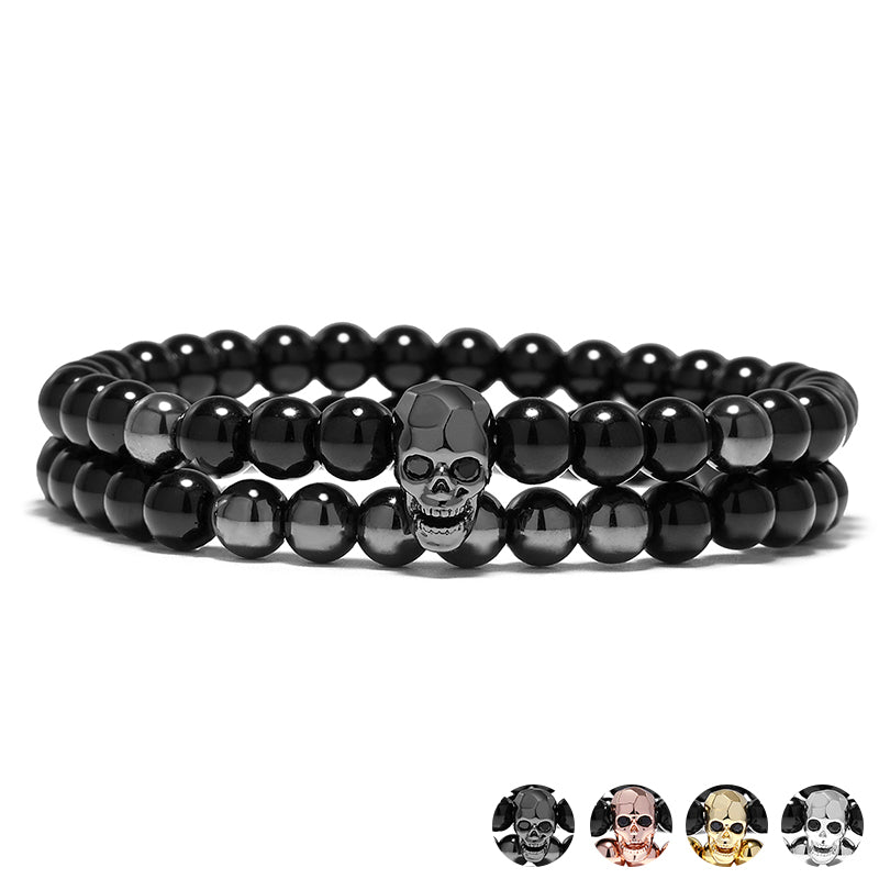 Steampunk Metal Smile Skull Bracelets Set Elastic Black Beads Chain Skeleton
