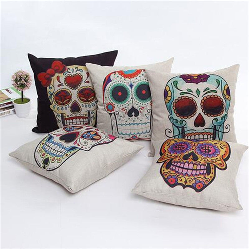 Flower Skull Mask Pillowcase Linen Cushion Cover Printed Throw Pillows