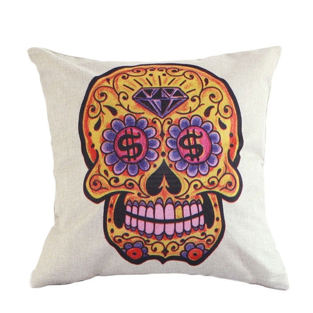 Flower Skull Mask Pillowcase Linen Cushion Cover Printed Throw Pillows