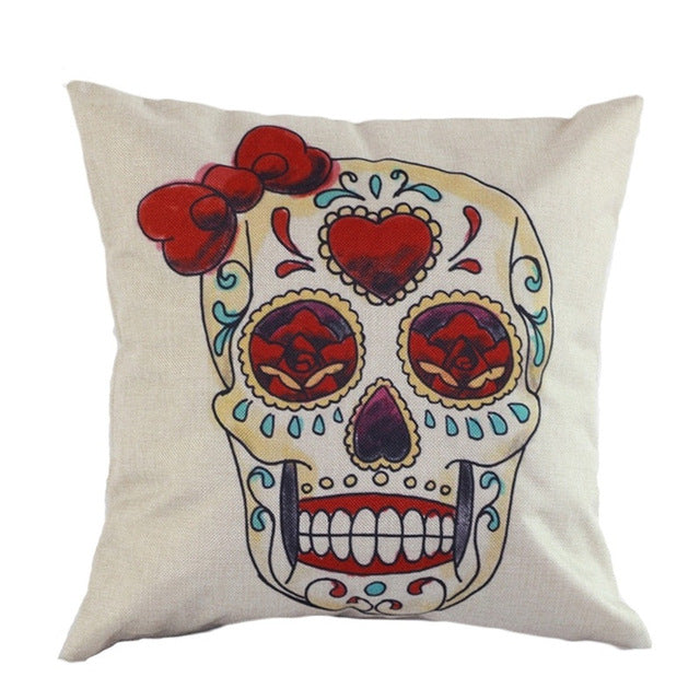Flower Skull Mask Pillowcase Linen Cushion Cover Printed Throw Pillows