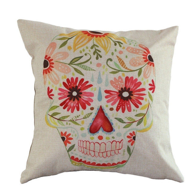 Flower Skull Mask Pillowcase Linen Cushion Cover Printed Throw Pillows