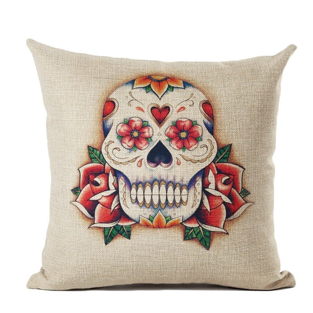 Flower Skull Mask Pillowcase Linen Cushion Cover Printed Throw Pillows