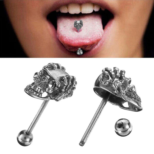 14G Punk Skull Stainless Steel Bar Labret Lip Tongue Rings Piercing Stud