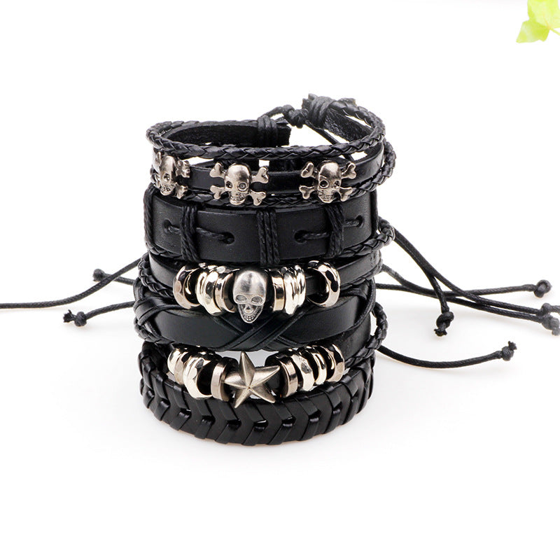 Leather Bracelet Multilayer Punk Skull Star Charm Wrap Hand Bracelets Vintage Bracelets & Bangles