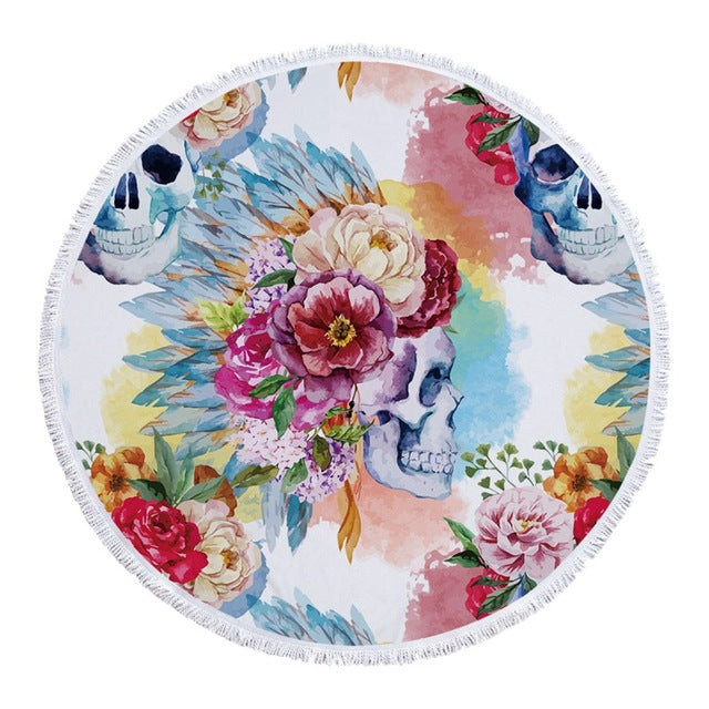 Tapestry Skull Round Tassel Beach Towel Yoga Mat Wall Hanging Decorative