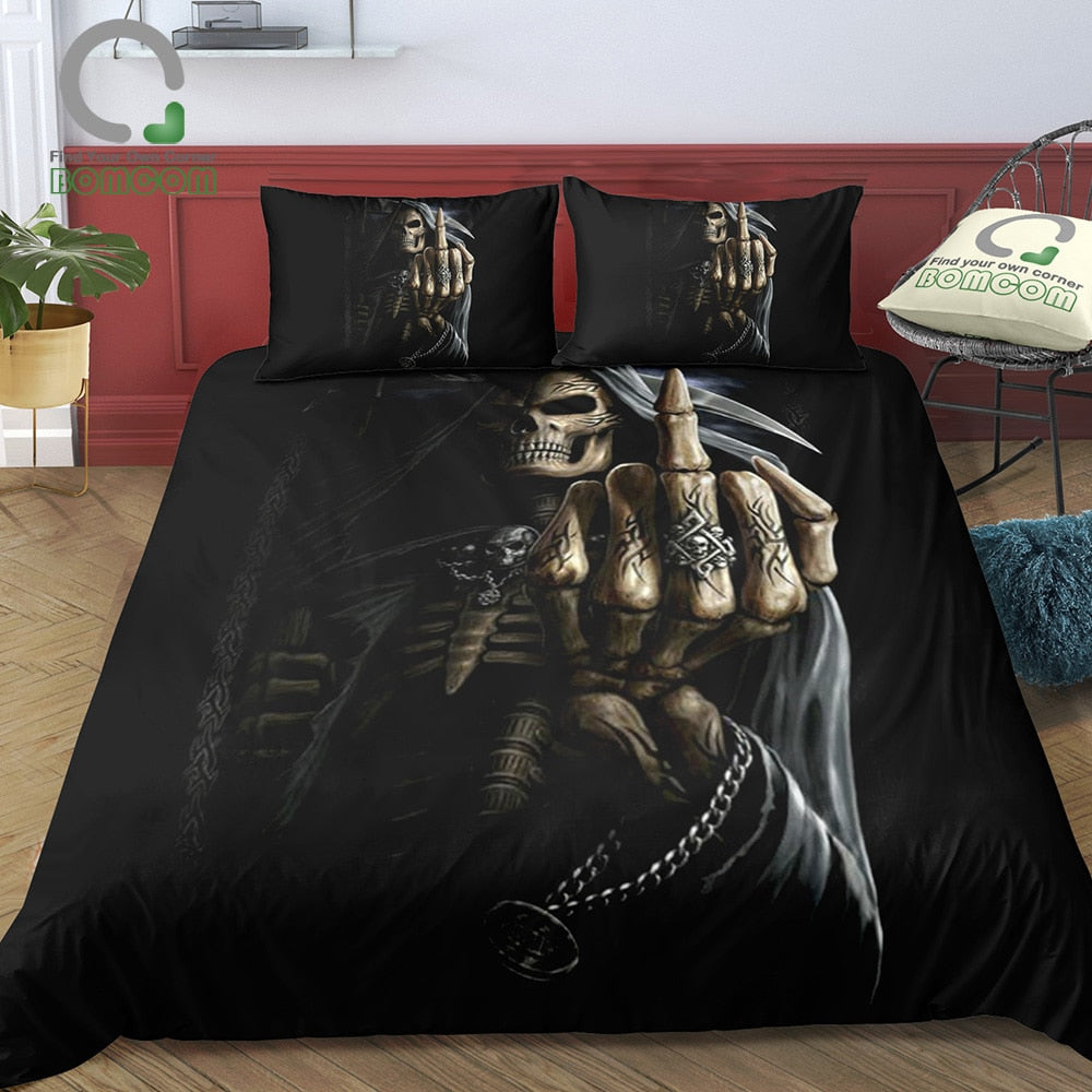 3D Digital Printing Magic Skull Bedding Set Finger up Grim Reaper Duvet Cover S 100% Microfiber Black