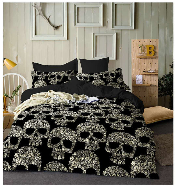 3D Skull Bedding sets,Digital Printing Day of the Dead Sugar Skull with Floral 3Piece Duvet Cover Sets