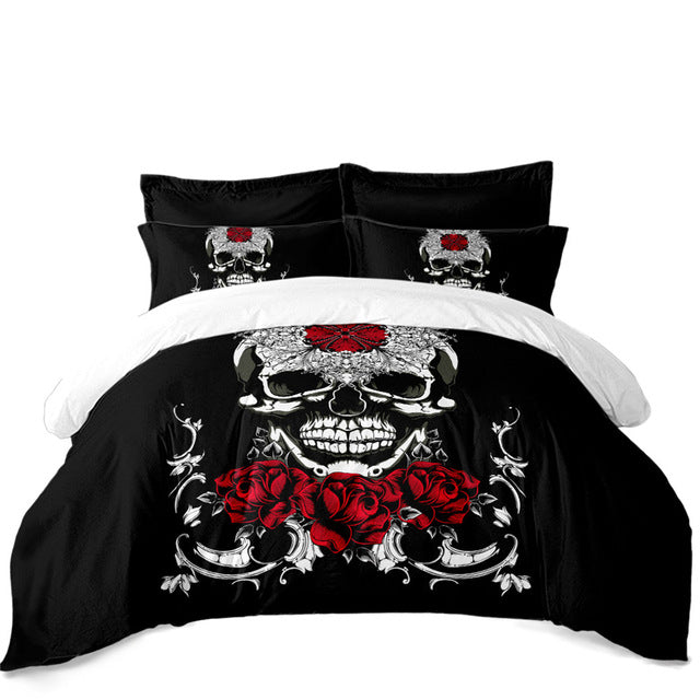 3Pcs Sugar Skull Bedding Set Rose Print Duvet Cover King Queen Bed Cover Girls Sweet Bedclothes Pillowcase Halloween Gift